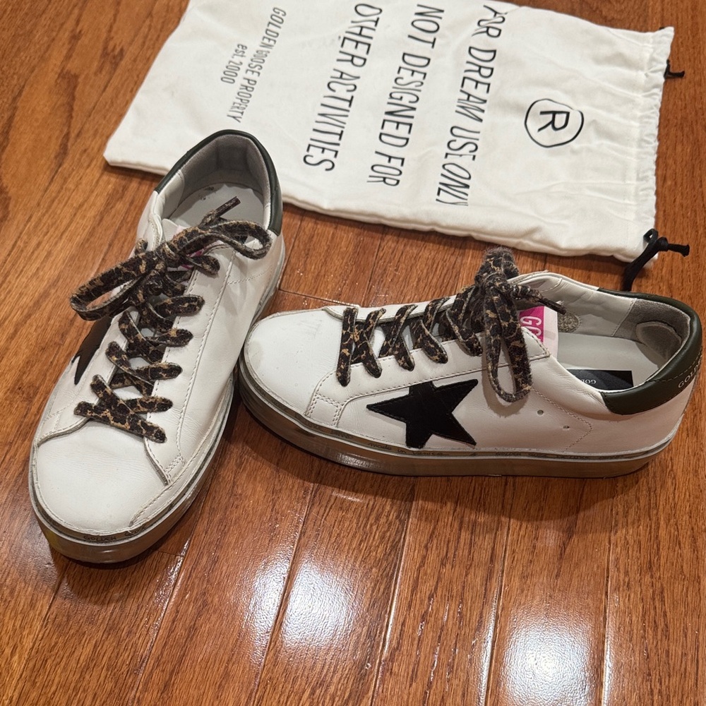 Authentic Golden Goose HI Star White Sneakers with Black Star and Leopard Laces